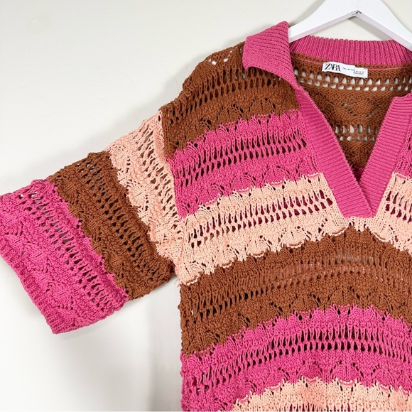 Zara OVERSIZED STRIPED KNIT POLO SWEATER Pink - Picture 8 of 16